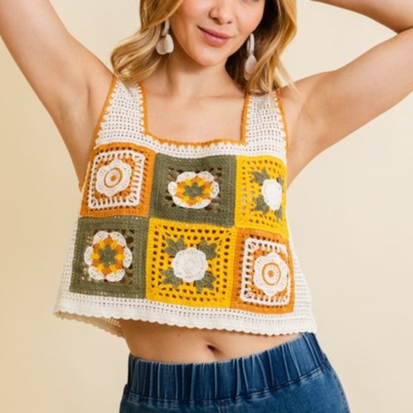 Boho Granny Square Crochet Floral Crop Top - Picture 2 of 7